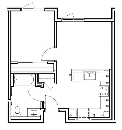 Floor plan for 1 bed, 1 bath, 579 sqft